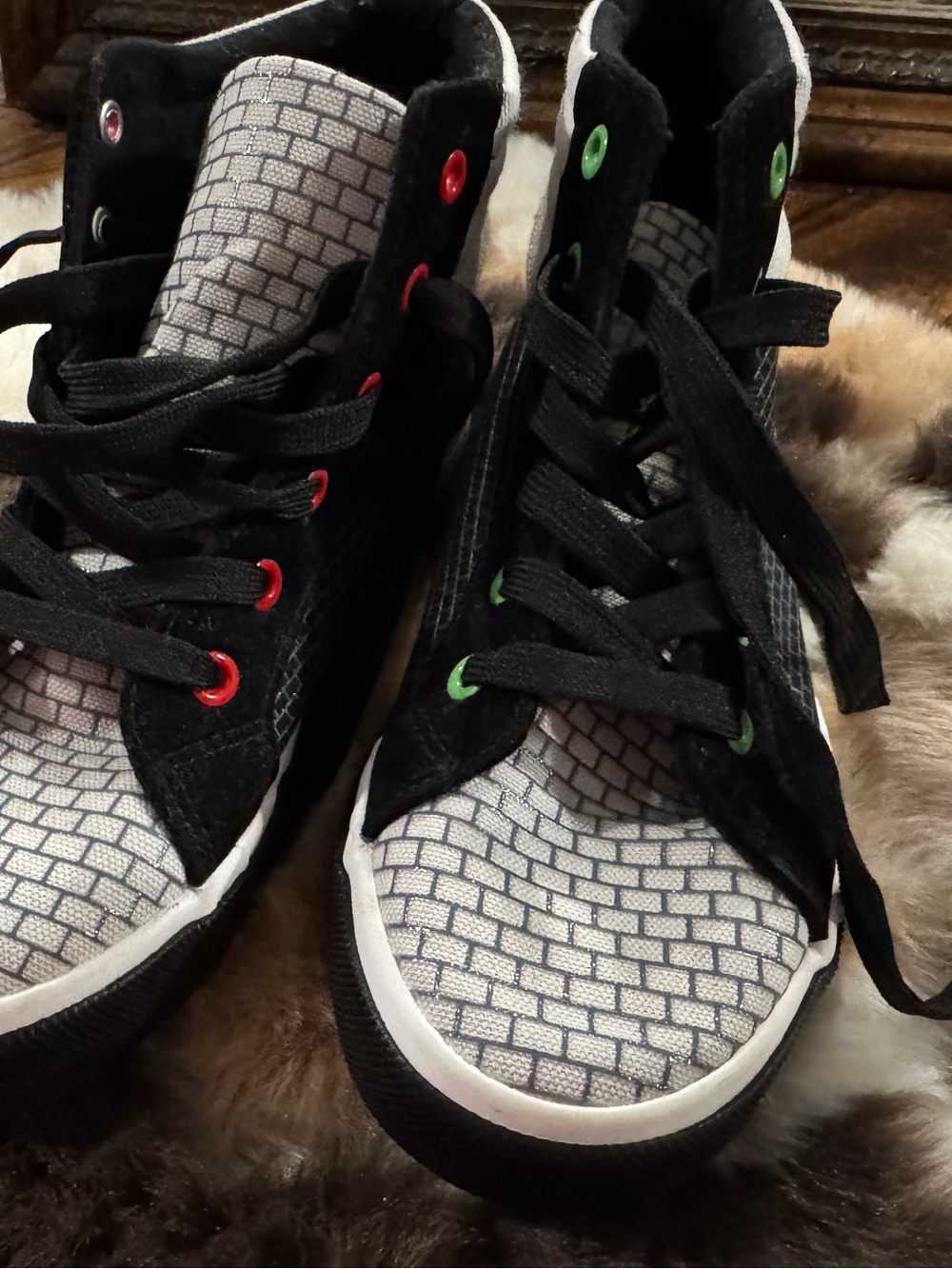 Nintendo Black High-Top Sneakers with Gray Brick-Pattern and Red & Green Eyelets